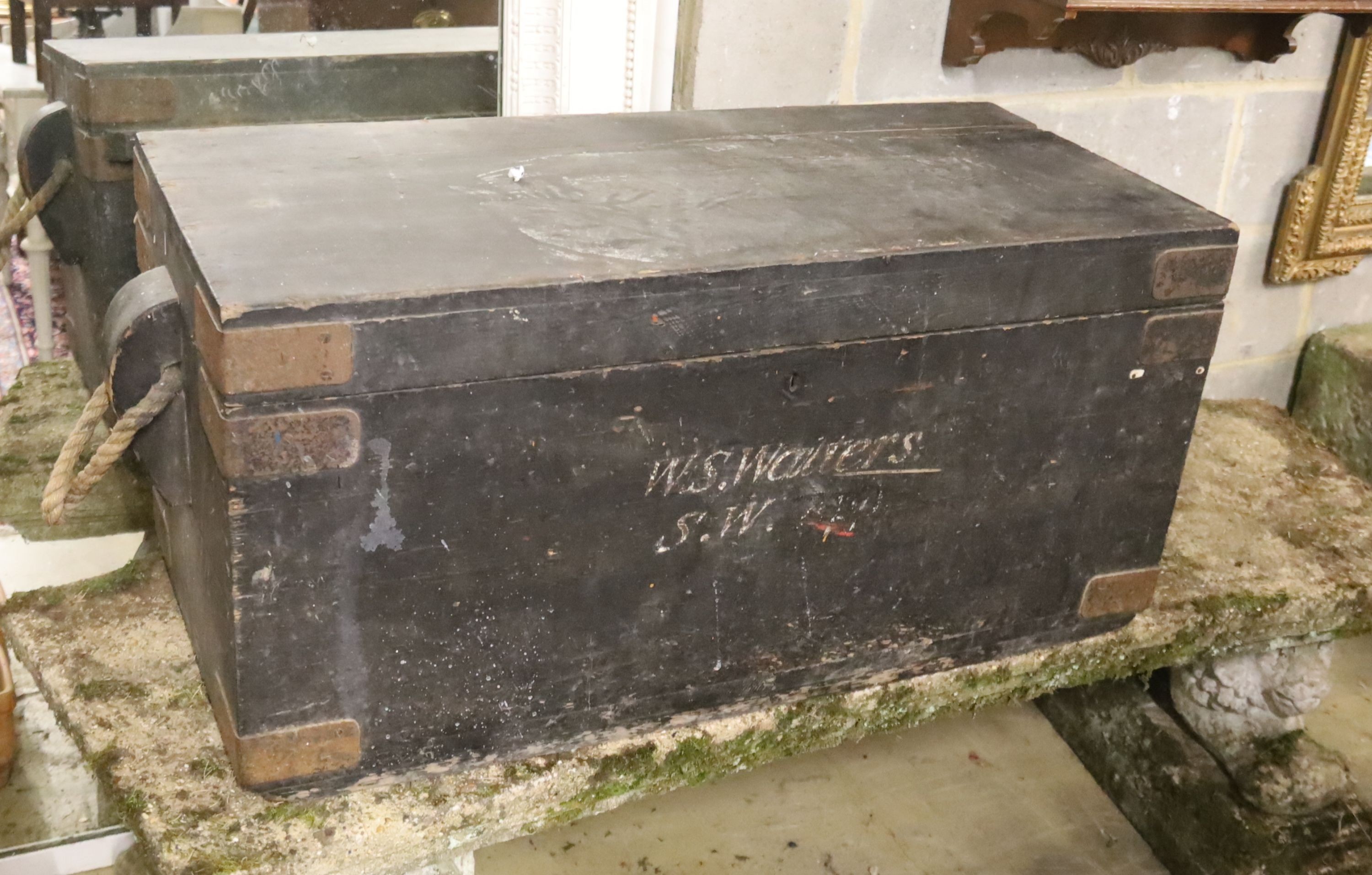 A Victorian painted pine, iron-bound trunk with rope handles, length 100cm, depth 45cm, height 48cm